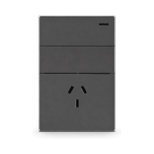 TECLA Y TOMACORRIENTE MILAN GRIS MACROLED, 2 CANAL, AC 250V, 10A MAX. BASTIDOR METALICO