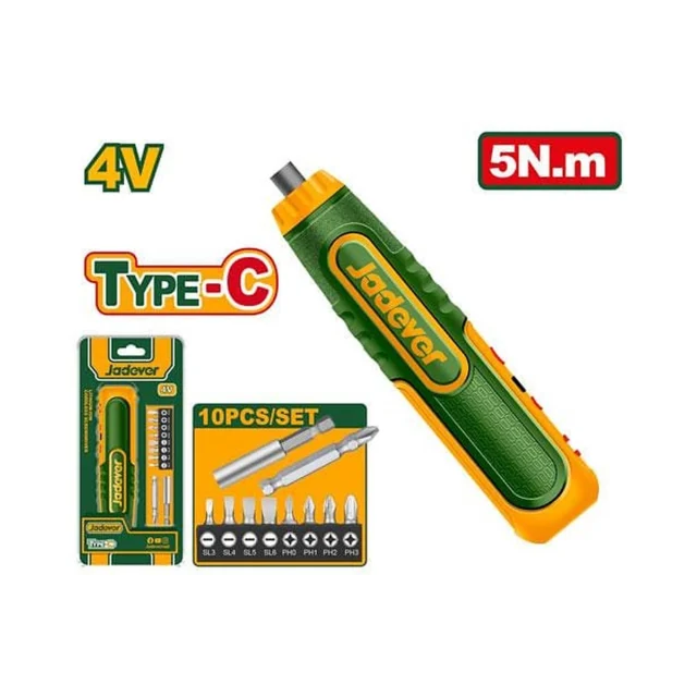 Jadever ATORNILLADOR INALÁMBRICO 260 RPM - VOLTAJE: 4V - 1/4'' (INCLUYE PUNTAS) - MÁX. PAR: 5NM - LUZ LED