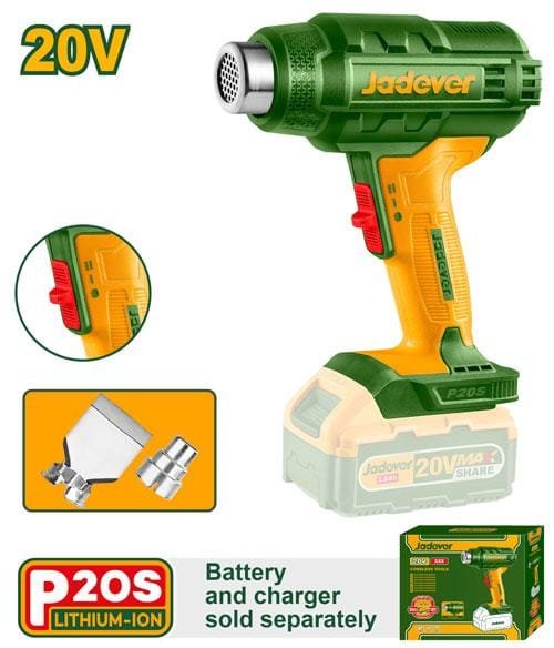 Jadever PISTOLA DE CALOR INALÁMBRICA - VOLTAJE: 20V - TEMPERATURA: 300/550°C - FLUJO DE AIRE: 100/200 L/MIN