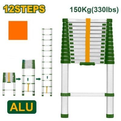 Jadever Escalera Telescópica - Escalones: 12 - Aluminio - Altura Máx. Extendida: 3800mm - Máx. Carga: 150Kg(