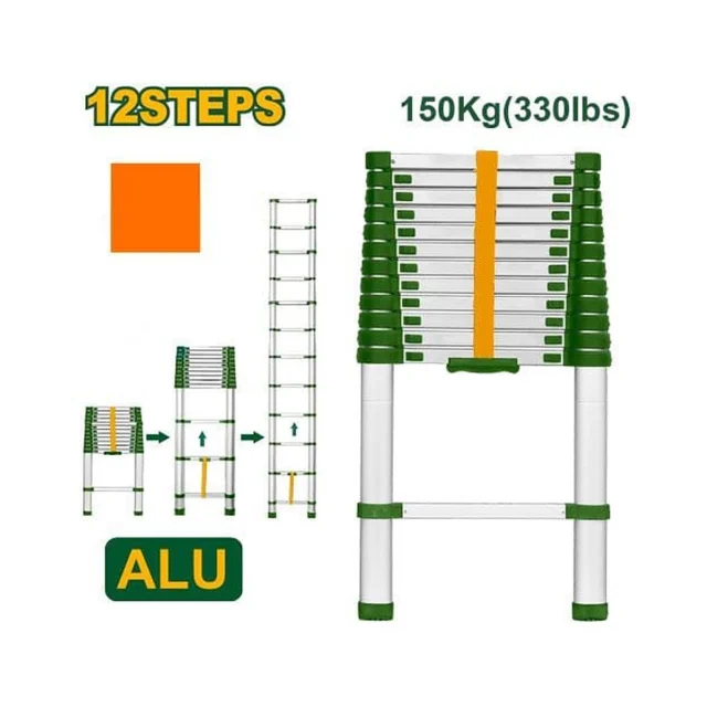 Jadever Escalera Telescópica - Escalones: 12 - Aluminio - Altura Máx. Extendida: 3800mm - Máx. Carga: 150Kg(