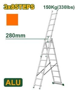 Jadever Escalera Extensible De 3 Tramos - Escalones: 3X8 - Aluminio - Altura Extendida: 5080 mm - Altura Cer
