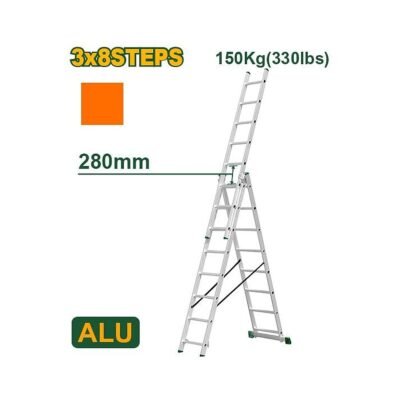 Jadever Escalera Extensible De 3 Tramos - Escalones: 3X8 - Aluminio - Altura Extendida: 5080 mm - Altura Cer