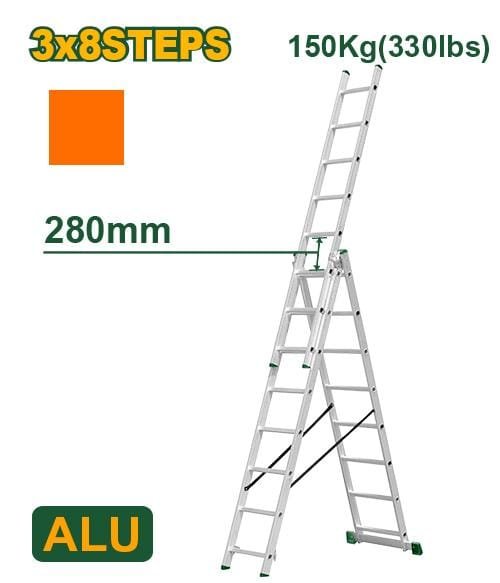 Jadever Escalera Extensible De 3 Tramos - Escalones: 3X8 - Aluminio - Altura Extendida: 5080 mm - Altura Cer