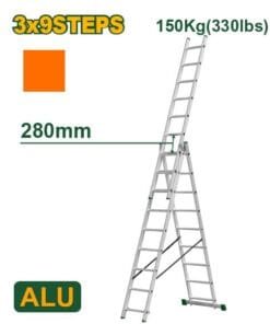 Jadever Escalera Extensible De 3 Tramos - Escalones: 3X9 - Aluminio - Altura Extendida: 5920 mm - Altura Cer
