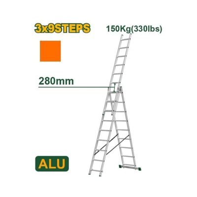 Jadever Escalera Extensible De 3 Tramos - Escalones: 3X9 - Aluminio - Altura Extendida: 5920 mm - Altura Cer