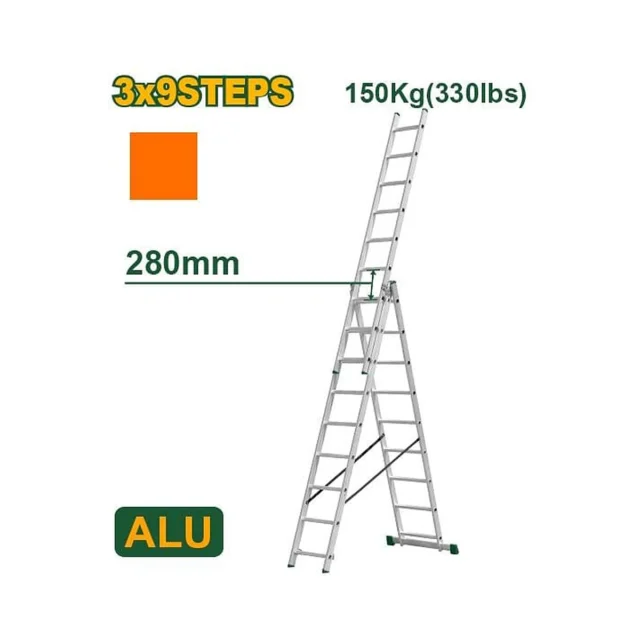 Jadever Escalera Extensible De 3 Tramos - Escalones: 3X9 - Aluminio - Altura Extendida: 5920 mm - Altura Cer