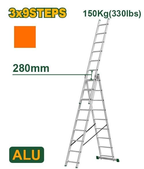 Jadever Escalera Extensible De 3 Tramos - Escalones: 3X9 - Aluminio - Altura Extendida: 5920 mm - Altura Cer