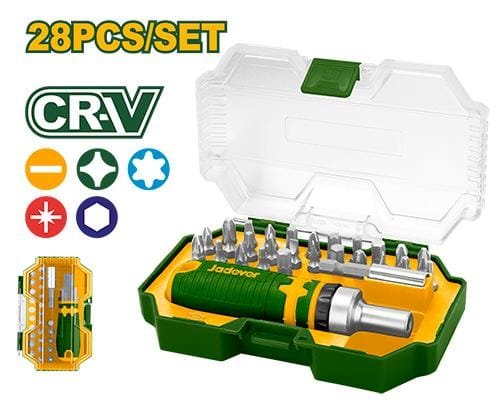 Jadever KIT DE PUNTAS DE DESTORNILLADOR DE 28 PIEZAS - ACERO CR-V - 26 PUNTAS DE 1/4'' X 25MM: 5 SL + 5 PH +